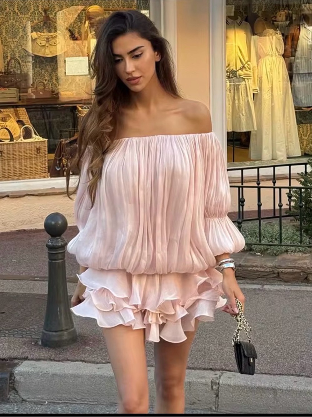 Off-Shoulder Blush Pink Ruffled Mini Dress